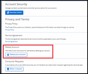 Delete account section with the option Delete your account.