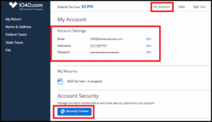 My account with Account settings and the security center.